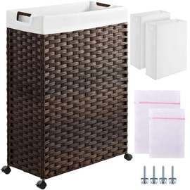Greenstell Laundry Hamper with Wheels & Handles, 26.4 Gallon (100L) Slim Laundry Basket with 2 Removable Liner Bags & 2 Mesh Bags, Foldable Narrow Clothes Hamper for Bedroom, Bathroom, Closet, Brown