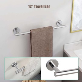 3-Pieces Bathroom Accessories Kit, Brushed Silver Bathroom Hardware SUS304 Stainless Steel Wall Mounted-Includes 12" Hand Towel Bar, Toilet Paper Holder, Robe Towel Hooks