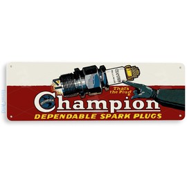 Tinworld Tin Sign: Champion Dependable Spark Plugs Retro Garage Auto Shop Metal Sign 6” x 18” A865