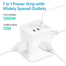 BEVA Power Strip with USB - 5ft Long Extension Cord with 4 Widely Spaced Outlets and 3 USB Ports Cube Desktop Charging Station, Overload Protection, Compact for Travel, Cruise Ship and Dorm