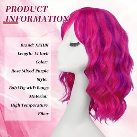 XIXIBI Colorful Wigs with Bangs Short Bob Wavy Curly Wig for Women Rose Mixed Purple Synthetic Hair Replacement wigs for Girls Cosplay Daily Party Use 14 Inches