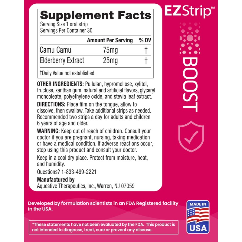 EZStrip Boost Camu Camu and Elderberry Extract Strips.