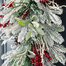 Glitzhome 28 Inch Flocked Christmas Teardrop Wreath with Pinecones and Berries, Snow Dusted Pine Door Hanger with Glittering Accents for Indoor Holiday Decor