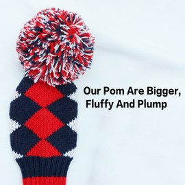 Golf Head Covers Knitted Woods Driver Fairway Hybrid Pom Pom Cover Washable Soft Kint Headcover 1 3 5 for Men Women Kids Sold in Separate (Navy Blue&Red Argyle, #3 Fairway)