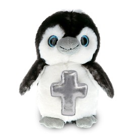 DolliBu Grey Penguin Stuffed Animal with Silver Cross and Personalization - Religious Baptism Gifts for Boys and Girls, Dedication Christening Gifts Plush Prayer Toy Healing Teddy Bear - 9 Inches