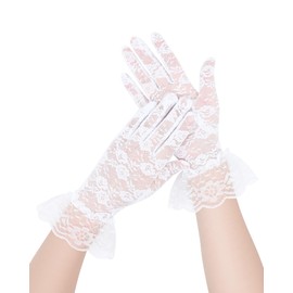 OURIZE Women Short Lace Gloves Sheer Mesh Gloves Elegant Accessories for Wedding, Tea Party, Costume Parties (White, One Size)