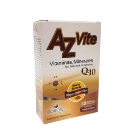 Suplemento Alimenticio AzVite caja c/ 30 Cápsulas. Multivitamínico Suplemento Nutricional. Multivitaminas para Adultos. Vitaminas y Minerales con Ajo, Jalea Real, Coenzima Q10, Complejo B, Hierro, Zinc, Calcio y más