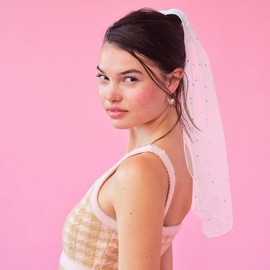 Bride beaded single-layer short headdress white veil (White, One size)