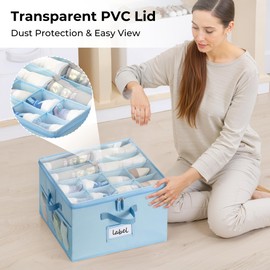 GRANNY SAYS Kids Shoe Organizer, 2 Pack Fabric Storage Boxes with Side Pockets and Clear Lid, Fits up to 8 Pairs, Baby Shoe Rack for Closet, Blue