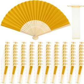 Tatuo 80 Pcs Hand Fans Bamboo Silk Folding Fans Handheld Fans Foldable Fans Makeup Fans Chinese Decorative Folding Fans Cosplay Decorations Men Women Party Festival Performance(Gold Yellow)