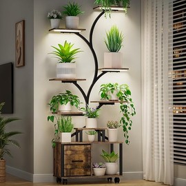 65" Indoor Plant Stand with Grow Lights, Tiered Metal Plant Shelf with Wheels and Drawer, Plant Storage Rack for Home Decor – Brown