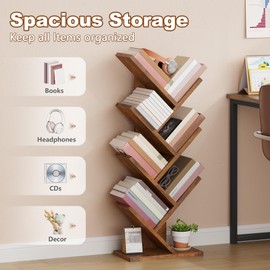 Hoctieon 7 Tier Tree Bookshelf, 7 Shelf Bookcase, Free Standing Tree Bookcase, Display Floor Standing Shelf for Books, Book Organizer Shelves for Home Office, Living Room, Bedroom, Rustic Brown