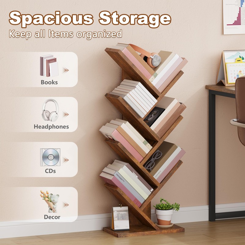 Hoctieon 7 Tier Tree Bookshelf, 7 Shelf Bookcase, Free Standing