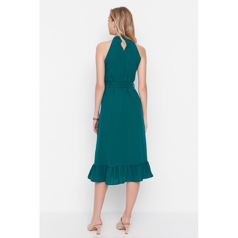 TRENDYOL Women's Midi Ruffle Hem Regular Dress, emerald green