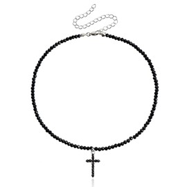 SCJJZ Women's Short Thin Necklace with Black Crystal Beads Cross Pendant