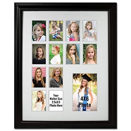 Black and White Collage Multiple Opening 12 2x3 Wallet Photo Openings with 4x6 Photograph School Photo Years K-12 Graduation Wall mounted Picture Frame Unit