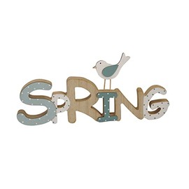 Posiwio Decorative Lettering Spring with Bird and Dots or Flower Made of Wood (Beige Yellow Green) Approx. 28 x 2 x 13 cm High
