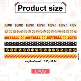 6 Rolls 18 Yards Sports Softball Ribbons for Crafting, Black White Dot Grosgrain Ribbons Softball Grosgrain Ribbon Sport Yellow Red Ball Wrapping Craft Ribbon for Sport Party Decor Wrap, 3/8