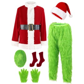 Earado Christmas Green Big Monster Santa Costume for Men 7 PCS Deluxe Furry Adult Santa Suit Xmas Holiday Outfit Set Include Mask M