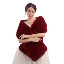 Teyglen Women's Wedding Faux Fur Shawl Cold Winter Warm Fur Wrap Cross Fur Shawl Bridal Fur Collar Scarf for Evening Party (Red)