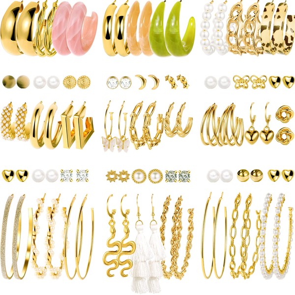 45 Pairs Hoop Earrings for Girls, Chunky Twisted Small Big Hoops Earring Packs Set, for women multipack, Fashion Trendy Jewelry for Birthday Party Christmas Gift (0-Gold Color)