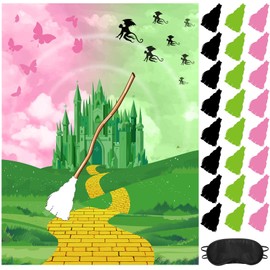 Faccito Witch Party Decorations Pin The Broom Pink and Green Games with Large Poster 24 Stickers and Blindfold Pin Games Set for Witch Party Decorations Pink and Green Birthday Activities Supplies