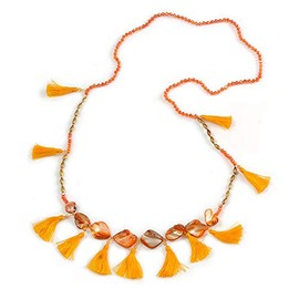 Avalaya Long Sea Shell, Crystal and Acrylic Bead with Multi Cotton Tassel Necklace/Orange/Gold/ 96cm L