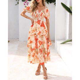 BTFBM Womens Square Neck Smocked Dress Summer Puff Short Sleeve Floral Casual Ruffle Tiered Maxi Wedding Guest Dresses(Floral Apricot Orange, Small)
