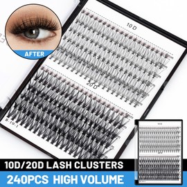 Bodermincer Lash Extension 240pcs C Curl 10D/20D Cluster 8/9/10/11/12mm,10/11/12/13/14mm,12/13/14/15/16mm Mixed Individual Cluster Lashes (10D+20D 16/17/18/19/20mm and Under Eyelashes)