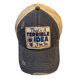 Popfizzy Terrible Idea Vintage Trucker Hat for Women and Men, Jersey Shore Hat, Funny Gifts for Friends, Adult Humor Caps