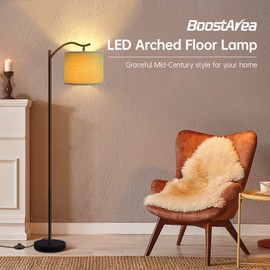 Floor Lamp for Living Room,15W LED Arched Floor Lamp,Tall Modern Standing Lamp with Linen Shade,3 Brightness Levels,E26 Socket, Footswitch, Mid Century Floor Lamp for Bedrooms,Office,Gray Linen Shade