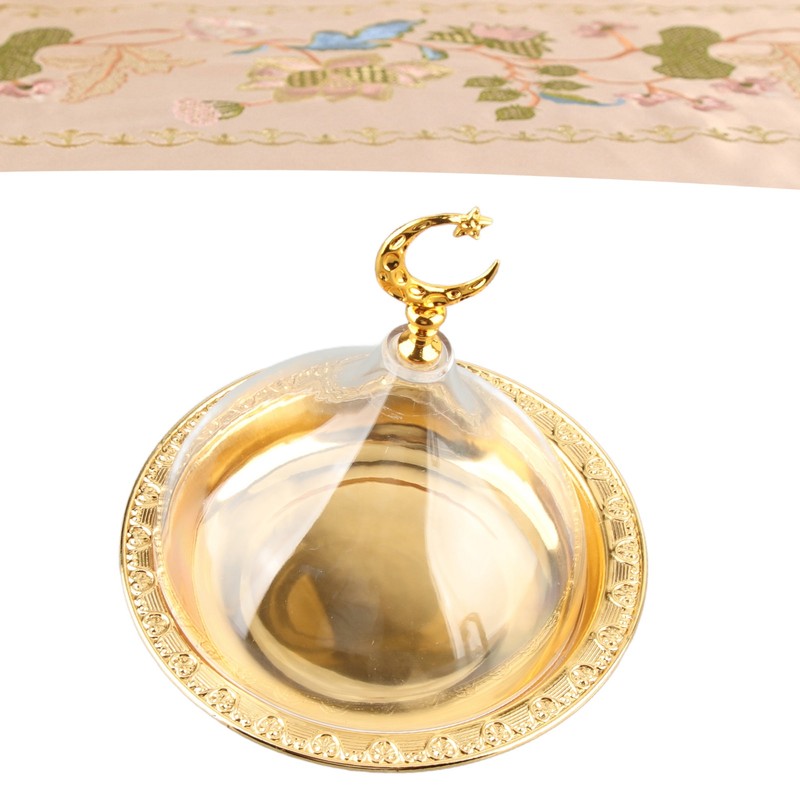 Serving Plate with Dome Golden Embossed Patterns Stainless Steel Acrylic