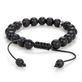 Natural Stone 8mm Mala Beads Braided Rope Bracelet Adjustable Knot Design for Men Women Stress Relief (Lava Stone)