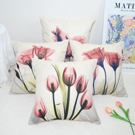 QUALKNOY Set of 4 Cushion Covers 18"x18" Red Flower Linen Modern Art Decorative Throw Pillow cases 45 x 45cm for Living Room Sofa Outdoor Pillowcases