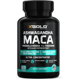 X Gold Health Ashwagandha 5,000mg + Maca Root Black, Red, Yellow 4,000mg, Rhodiola &...