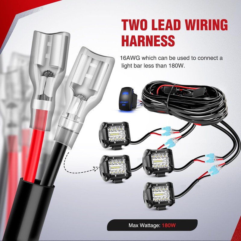 Nilight 16AWG LED POD Lights Wiring Harness Kit 12V On