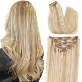 ORIGEN Clip in Hair Extensions Real Human Hair Clips ins Remy Hair Extensions for Women Full Head Dark Blonde Highlighted Bleach Blonde 120g 7 Pcs 18 Inches