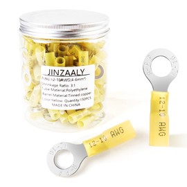 Jinzaaly 150 PCS Heat Shrink Ring Terminals 5/16" - Marine Grade Ring Connectors - Eyelet Wire Connectors -Yellow 12-10AWG