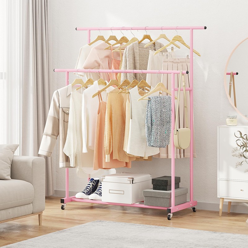 Calmootey Double Rod Clothing Garment Rack,Rolling Hanging Clothes Rack,Portable Clothes