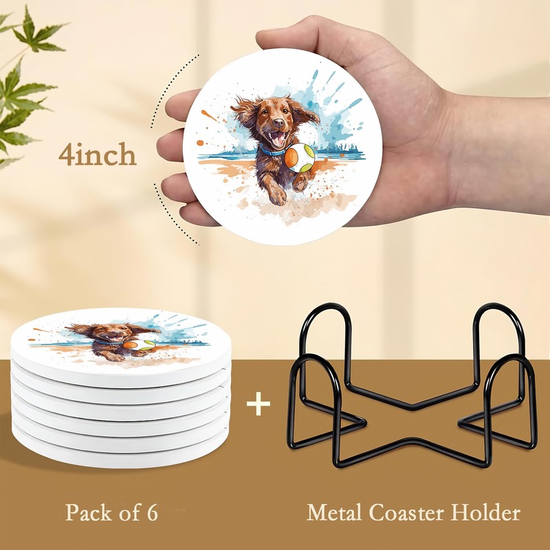 Drink Coasters with Holder,6 Pcs Dog Beach Absorbent Ceramic Drink