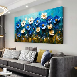 Flowers Wall Art Blue & White Daisy Oil Painting Reproduction Modern Canvas Print Rustic Floral Retro Chrysanthemum Artwork Picture for Country Farmhouse Living Room Bedroom Home Office Kitchen Decor LAVIKARS (20x40inch)