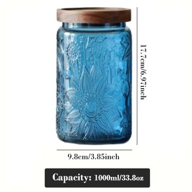 Vintage Glass Jar with Solid Wood Lid, 34 FL OZ Blue Sunflower Decorative Jar, Kitchen Food Storage Container for Coffee, Tea Bags, Nuts, Sugar, Jam, Pet Food (Blue Sunflower)