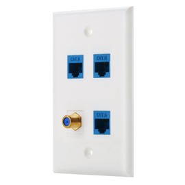 IBL-4 Port Wall Plate with Gold-Plated Coaxial TV Cable F Type + 3 Port Cat6 Ethernet Female to Female Jack in White