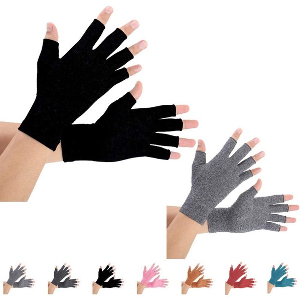 2 Pairs Arthritis Compression Gloves for Arthritis Pain Relief, Rheumatoid, Osteoarthritis and Carpal Tunnel for Men and Women, Fingerless for Typing (Large, Pureblack+gray)