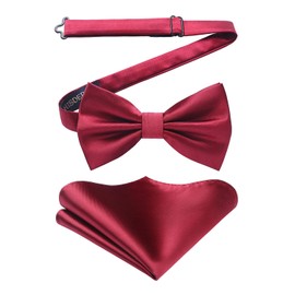 HISDERN Men's Bow Pocket Square Set Plain Pre-Tied Fly Handkerchief for Wedding Party - burgundy