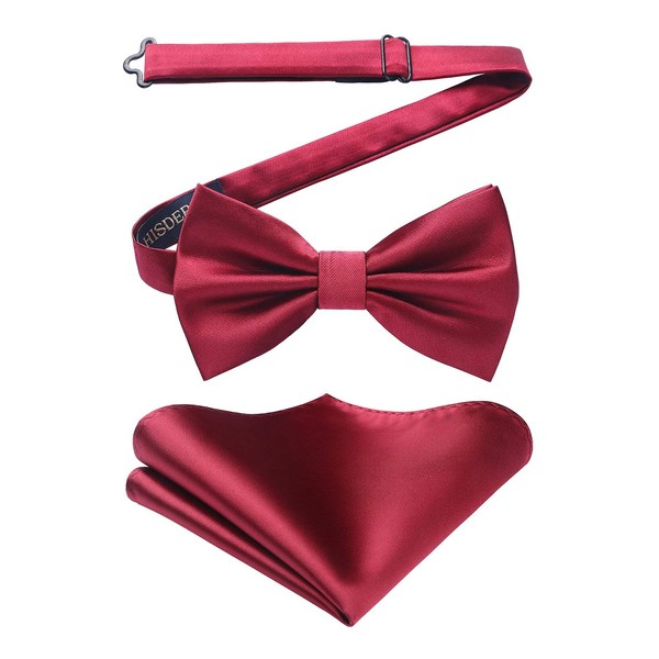 HISDERN Men's Bow Pocket Square Set Plain Pre-Tied Fly Handkerchief