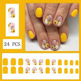 24pcs Sunflower Press On Nails Short Square Flower Fake Nails Spring Summer Yellow Cute Daisies False Nails Sunflower With French flowers Designs Glue on Nails for Women Girls Manicure Decoration