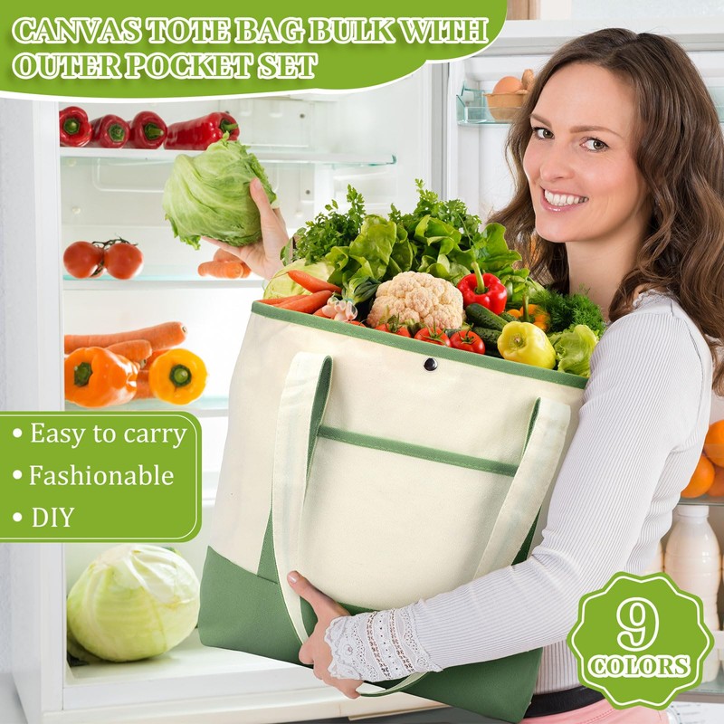Sanwuta 9 Pcs Canvas Tote Bags with Pocket 17.7'' Reusable