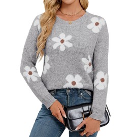 Libsorge Womens Oversized Cute Flower Sweaters for Women Fall Winter Spring 2025 Trendy Outfits Ladies Dressy Casual Cozy Soft Fuzzy Knit Crew Neck Long Sleeve Pullover Sweater Top Heather Grey M