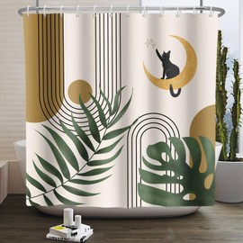 Kzzfqxb Boho Shower Curtains with Hooks, Mid Century Arch, Beige, Brown, Sun, Moon, Cat, Green Leaves, Modern Art, Waterproof for Bathroom, Polyester Fabric, Bathroom, Bathtub, Aesthetic Decor, 180 x